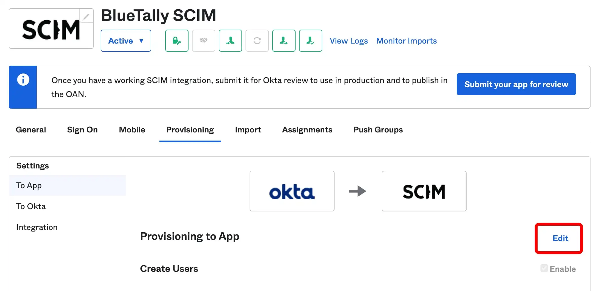 Okta: Provisioning-Aktionen aktivieren (1/2)