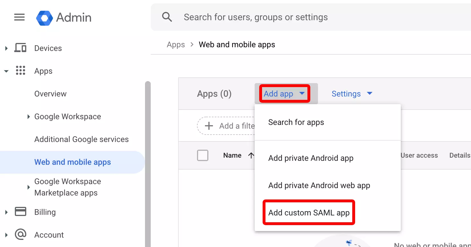 Google Workspace: Zu den SAML-Apps wechseln